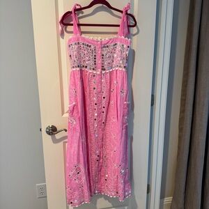 Juliet Dunn Pink and White Scalloped Maxi Dress | S